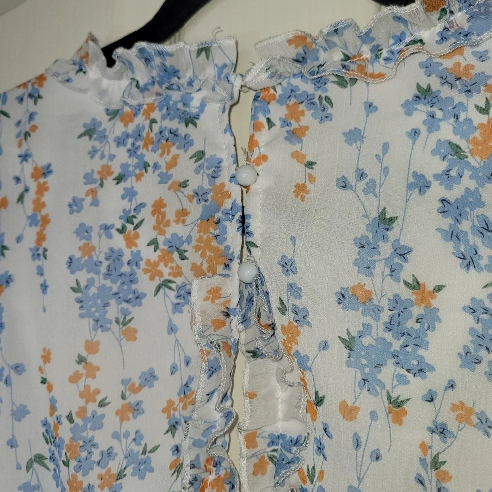 Women's M White Blue Orange Floral Fit & Flare Dress V-Neck Back Cutout Ruffle